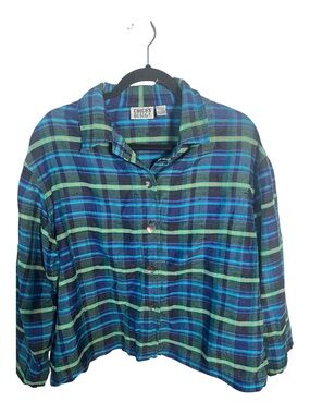 Chico's Design vintage silk Plaid Button-Down Shirt Jacket in Blue and Green